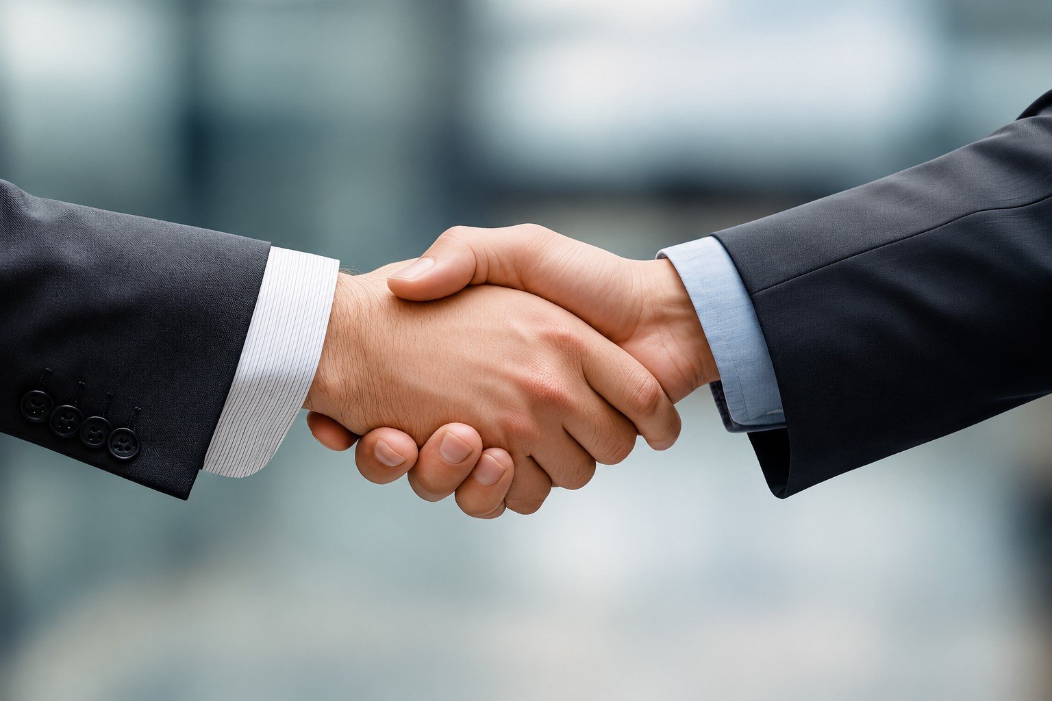 Close-up of two businesspeople shaking hands, representing partnership and working together.
