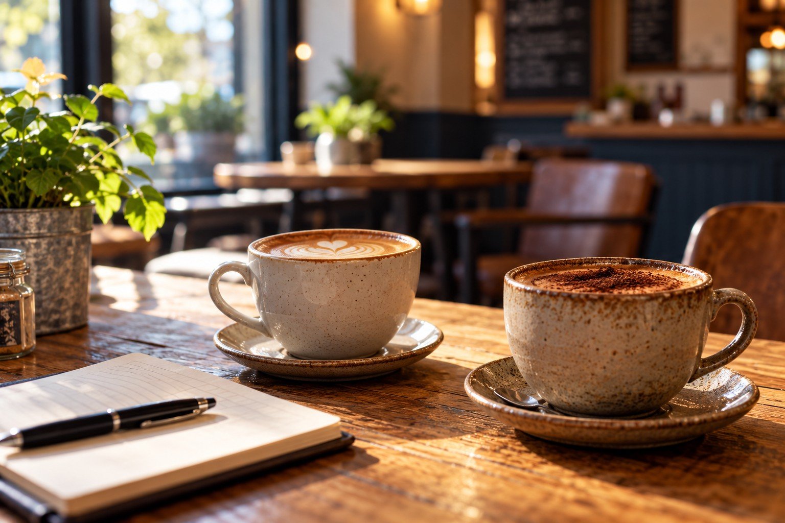 Two cups of coffee on a wooden café table, with an open notebook and pen ready for a relaxed conversation.